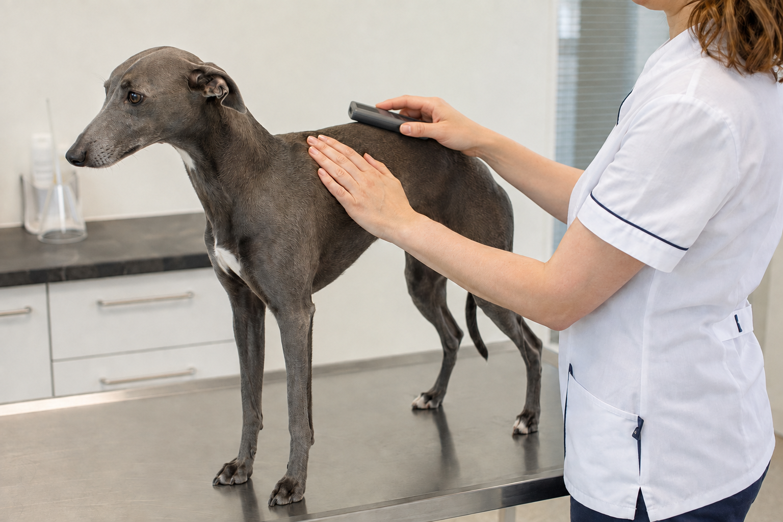 Veterinářka kontroluje mikročip whippeta ruční čtečkou při běžné návštěvě